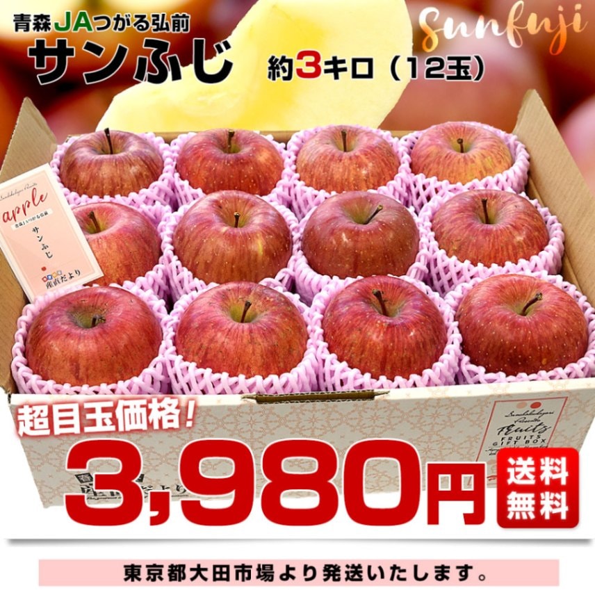 青森県産 JAつがる弘前 サンふじ 約3キロ (12玉) 送料無料 りんご