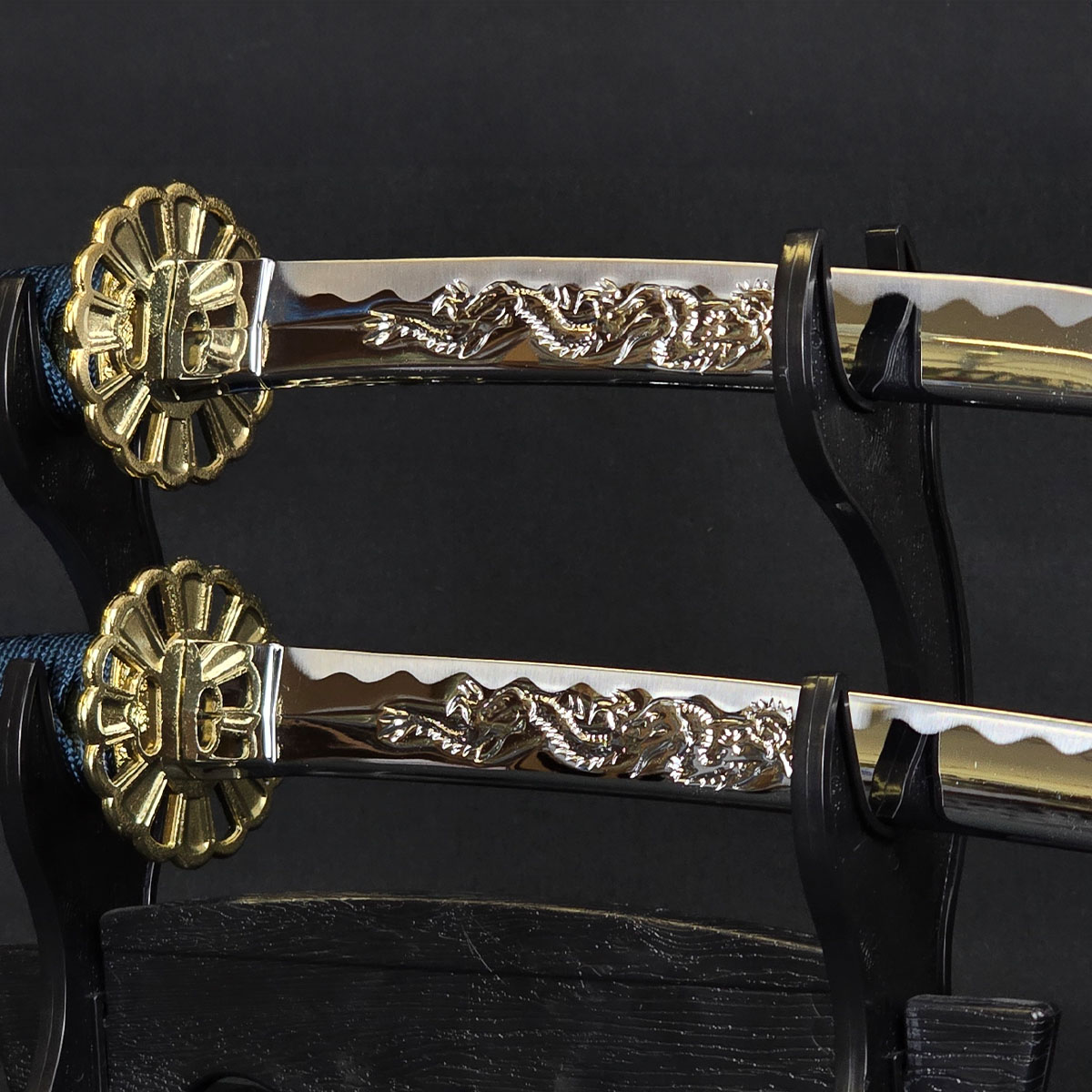 ミニミニ竜3点セット 彫金 紺 刀掛台付 刀身竜彫 模造刀｜【公式