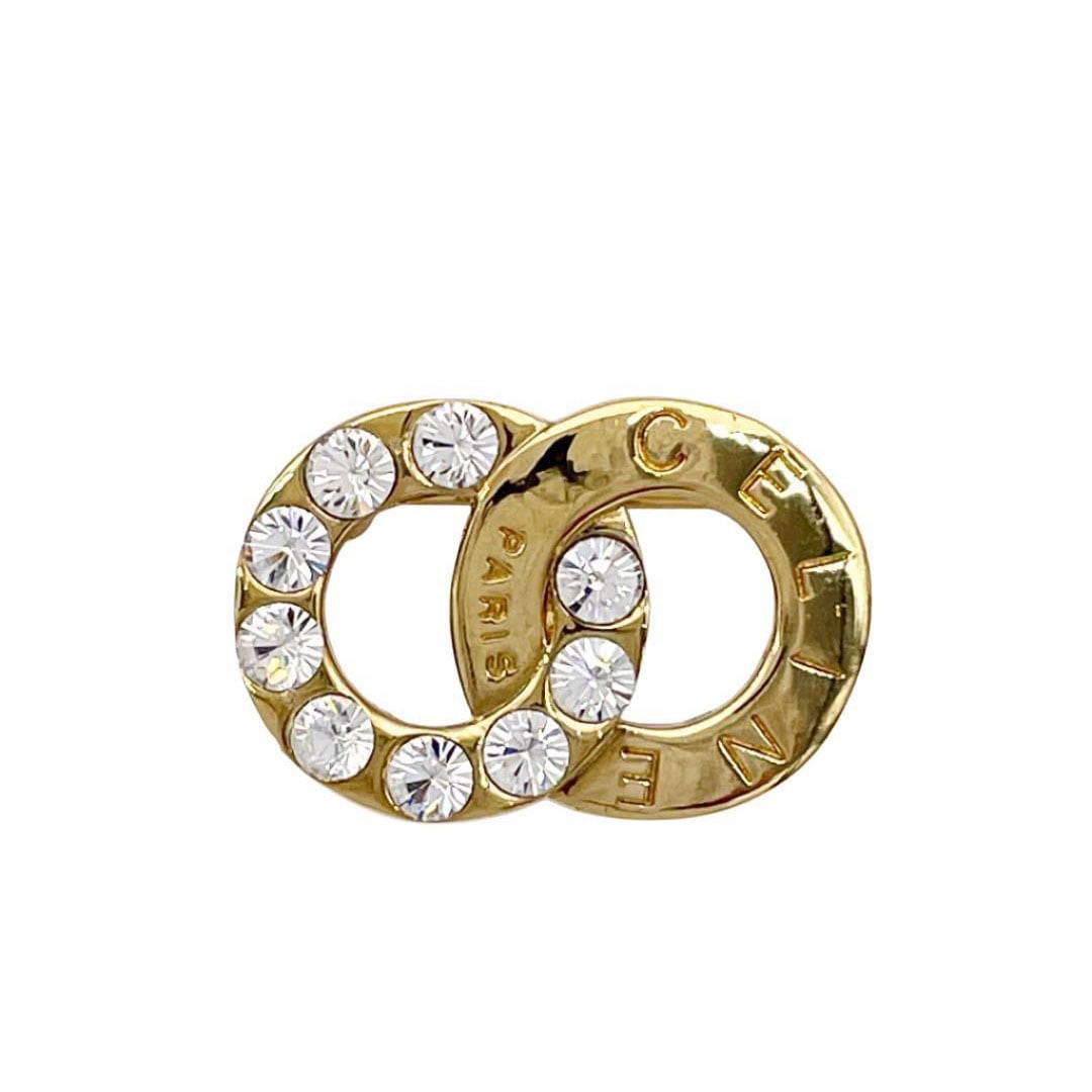 CELINE セリーヌ ブローチ ダブルサークル ラインストーン ゴールド