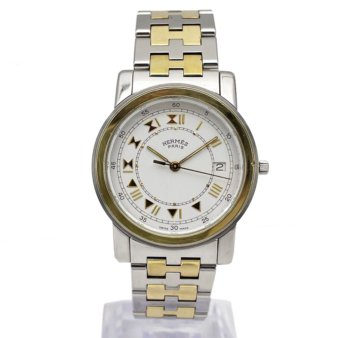 HERMES エルメス メンズ腕時計 キャリック QZ SS GP コンビ シルバー