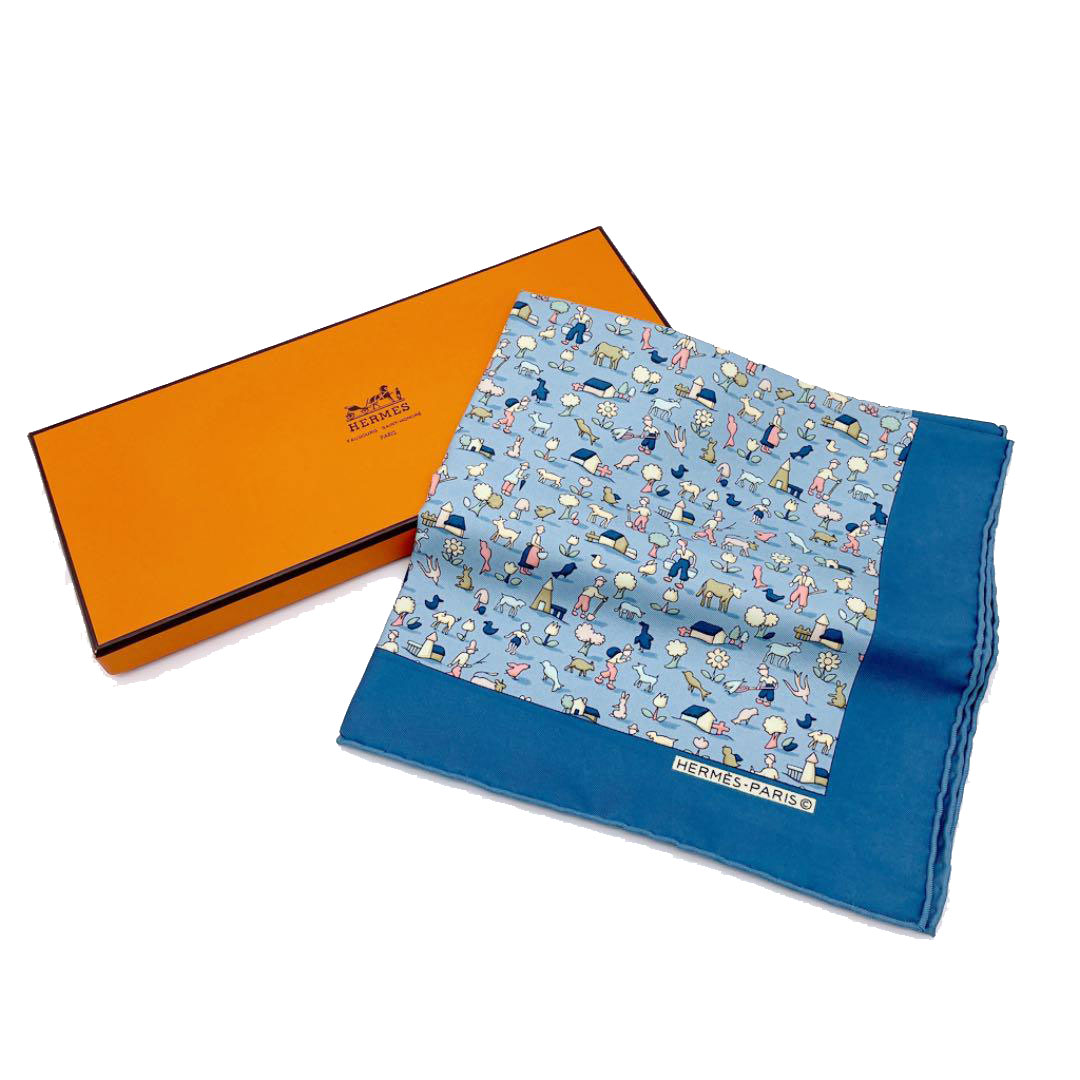 HERMES エルメス スカーフ カレ40 プチカレ 牧場柄 シルク100％ ブルー