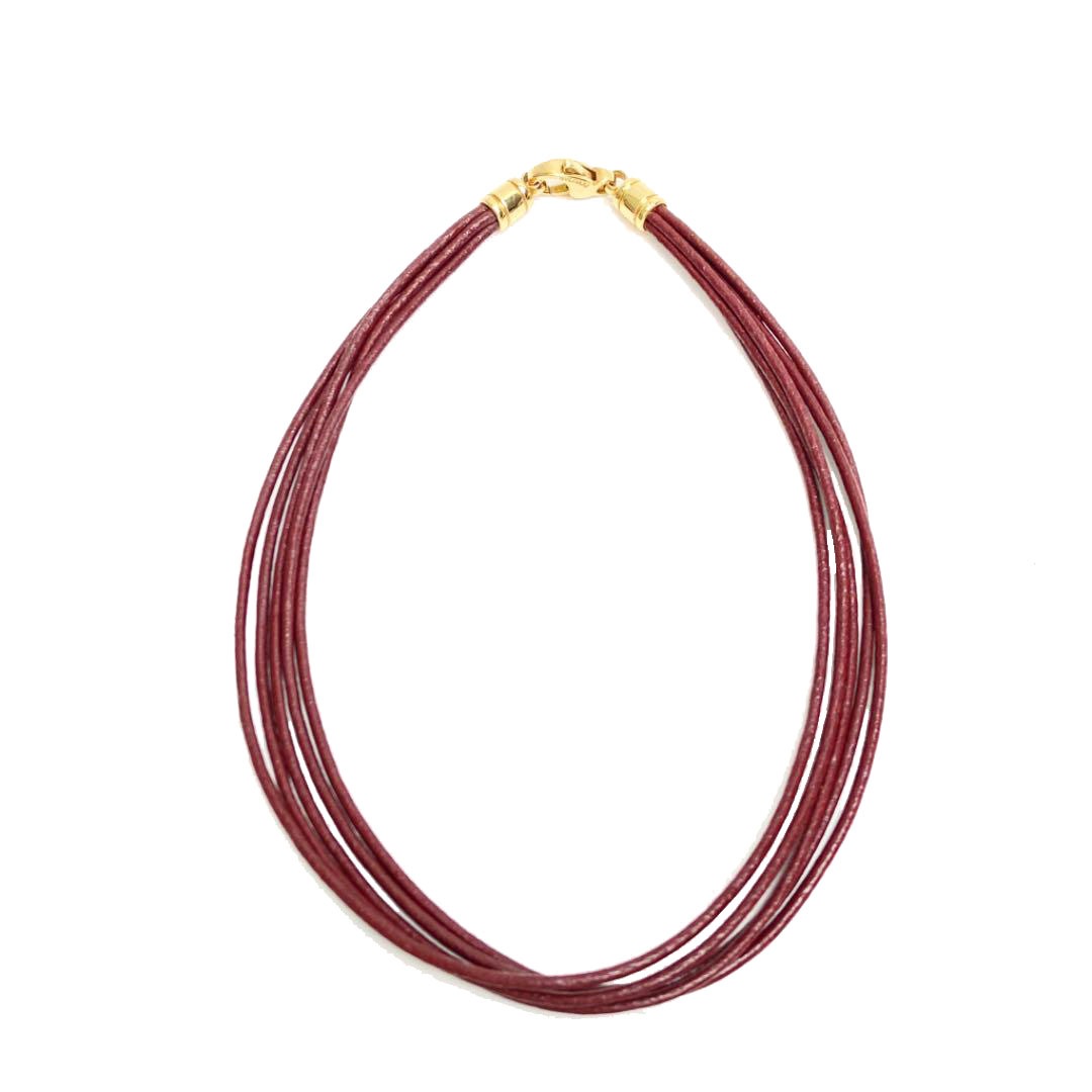 BVLGARI ブルガリ 5連チョーカーネックレス レザー K18YG 750 ボルドー