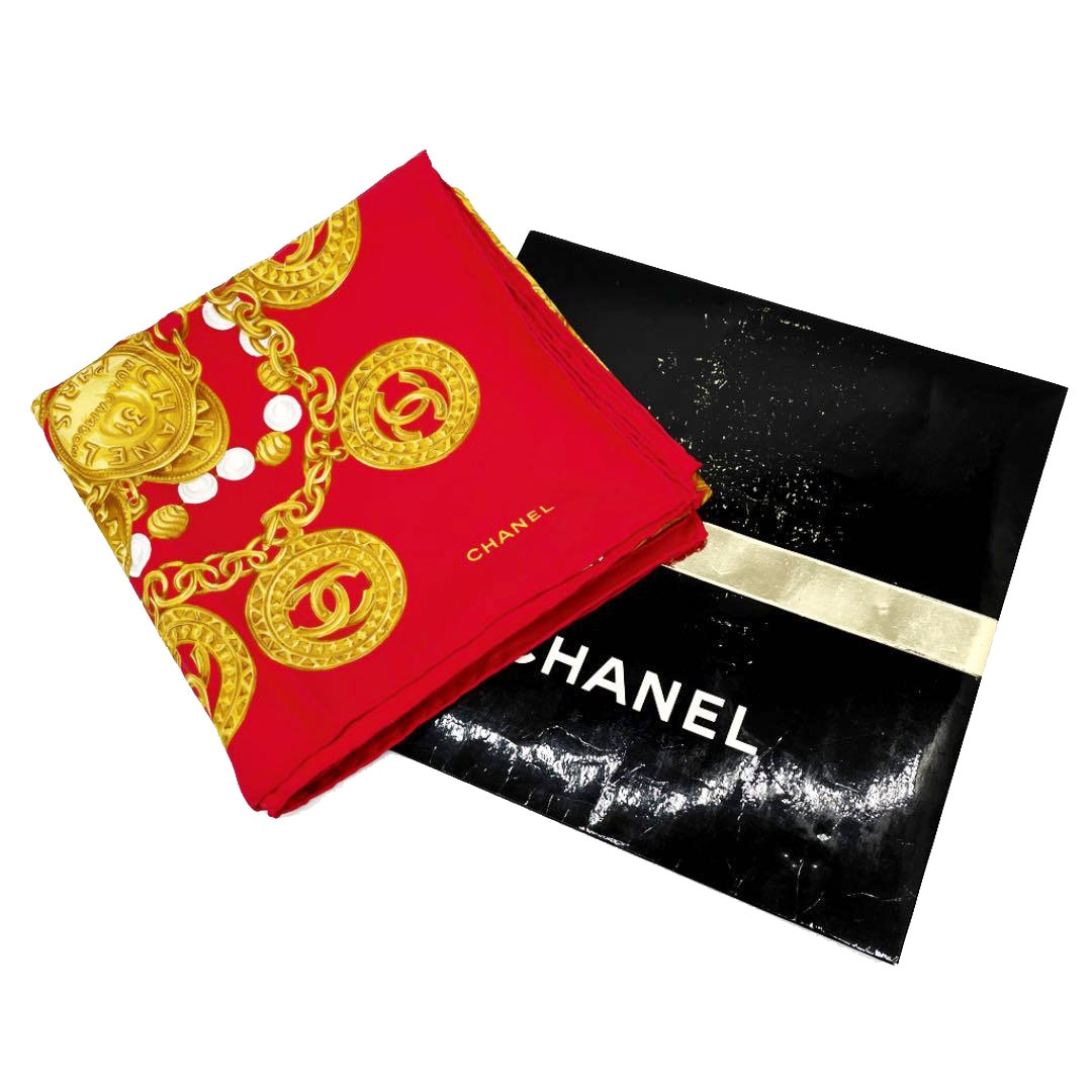 CHANEL シャネル スカーフ ココマーク チェーン柄 シルク レッド