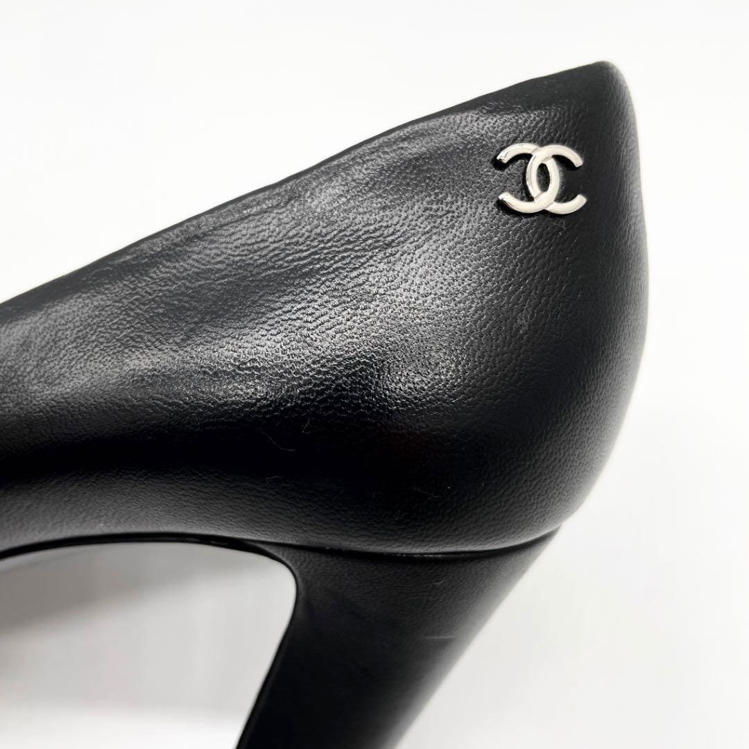 CHANEL シャネル オープントゥパンプス レザー チェーン ブラック 37 1