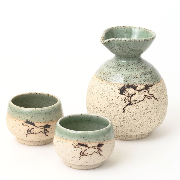 大堀相馬焼 松永窯 砂鉄丸徳利・砂鉄ぐい呑み(緑)2個セット | すべての