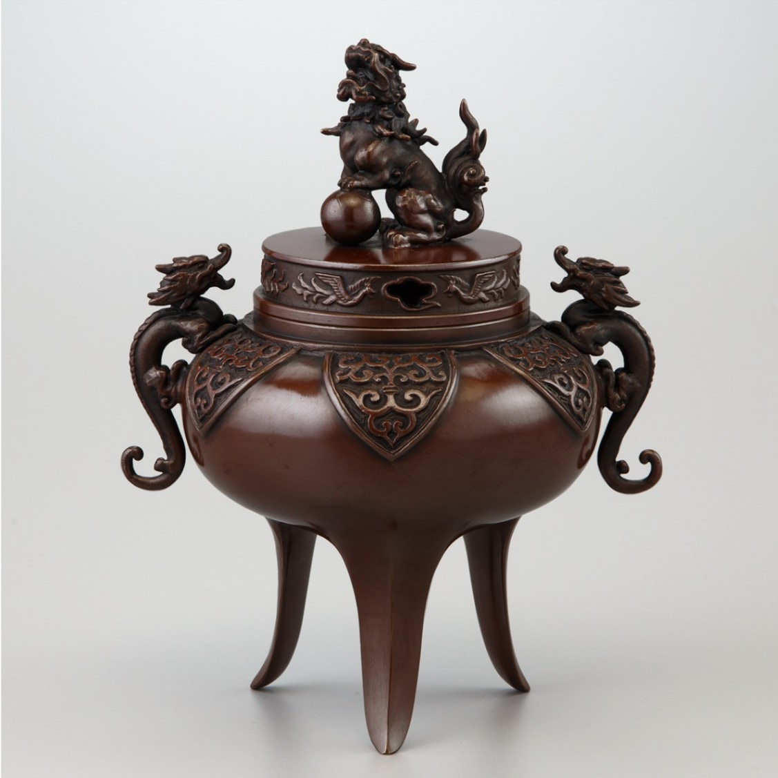 高岡銅器 青銅製香炉 長足菖蒲獅子蓋