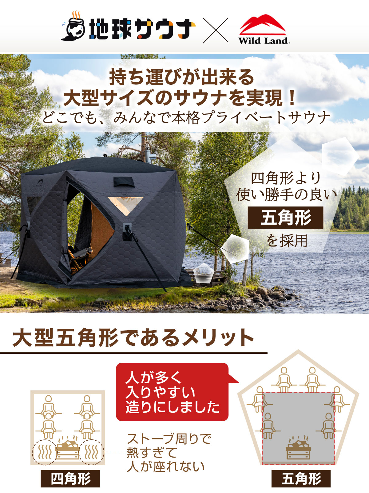 サウナテント 本体 大型 7人用 工具必要なし 五角形 テント サウナ 薪