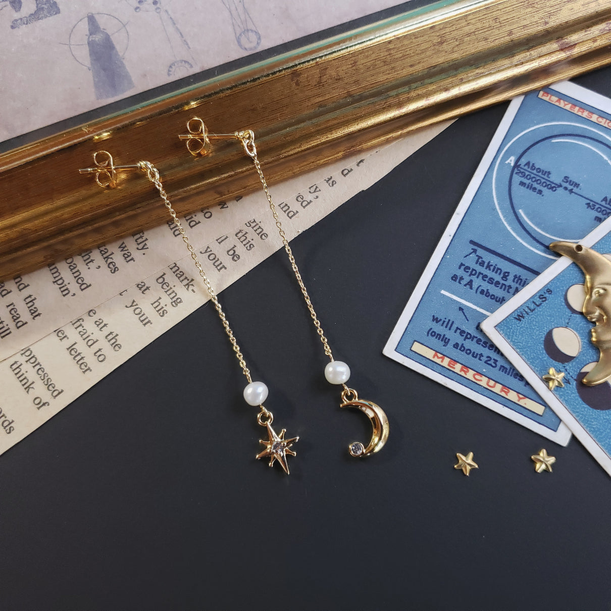 淡水パールと揺らめく月と星ピアス/イヤリング(ロングver.） – 宙