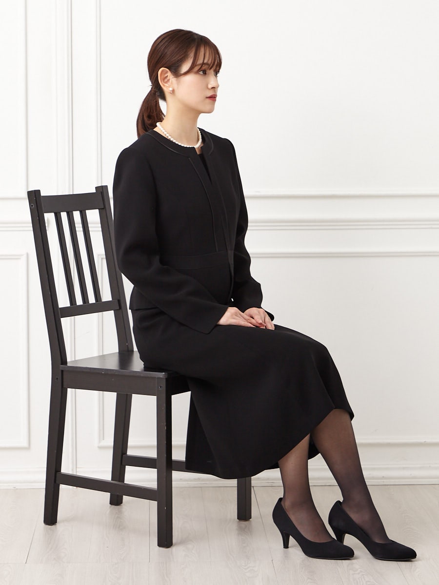 喪服・礼服】ブラックフォーマルアンサンブル（サテンラインノーカラー