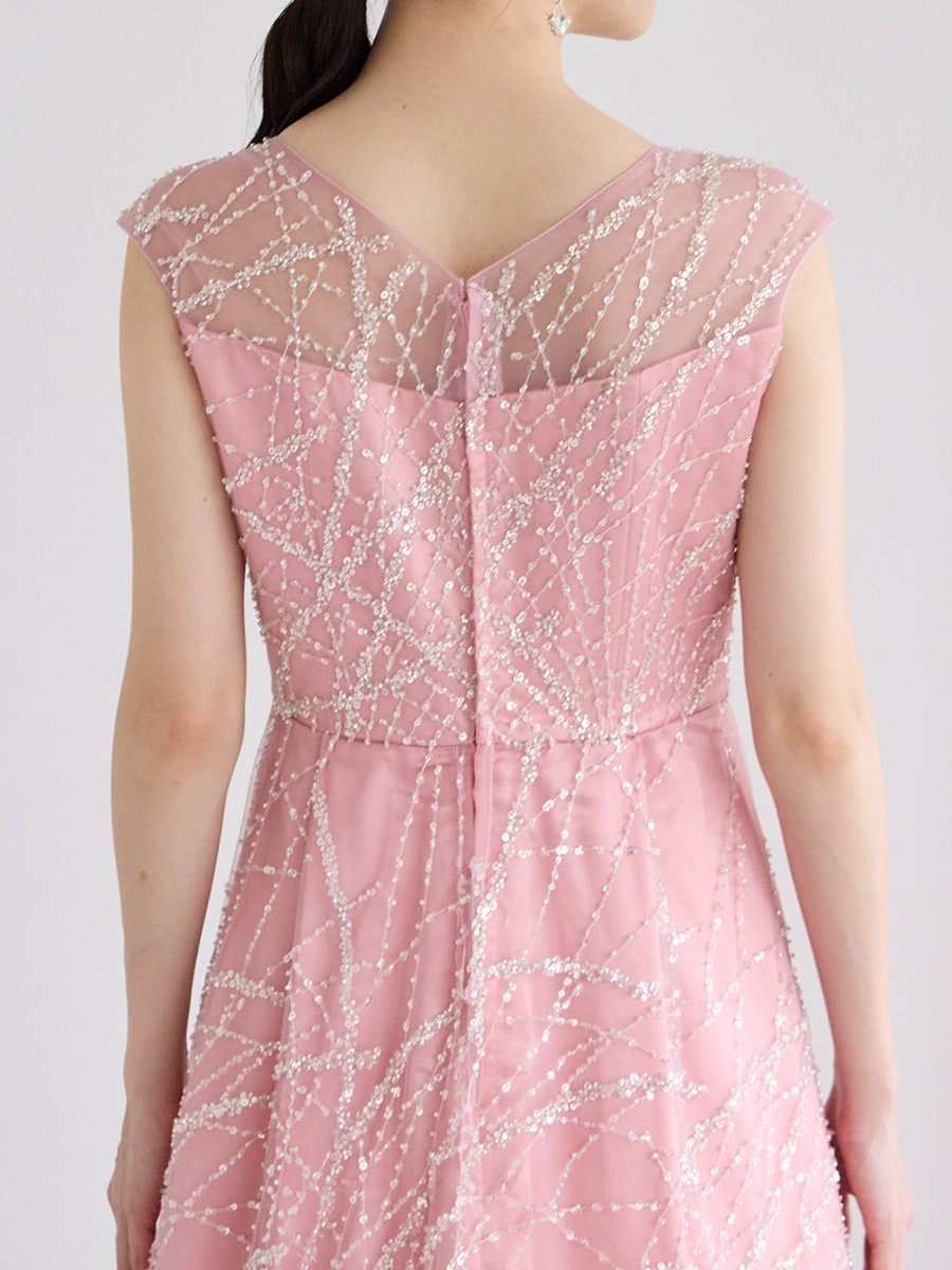 Celesta/チュール×ビーズ・スパンコール刺繍ロングドレス(9号 ピンク