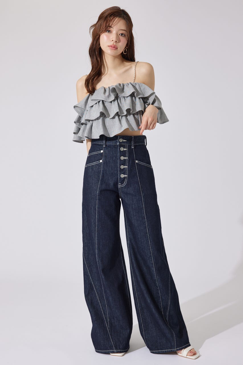rienda | フロントボタンデザインハイウエストデニムパンツ (ワイド