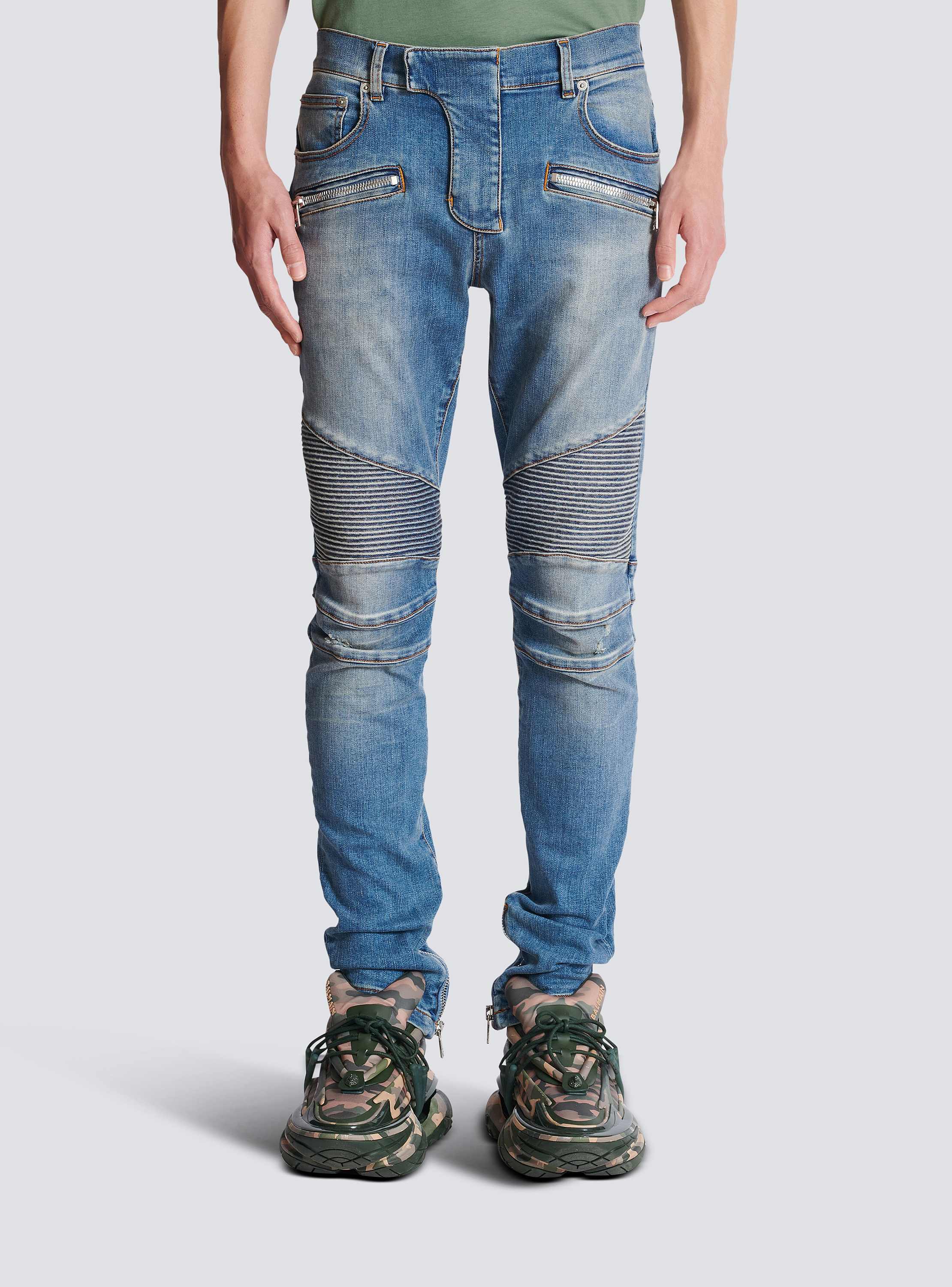 Slim-fit biker jeans in blue denim blue blue - Men | BALMAIN