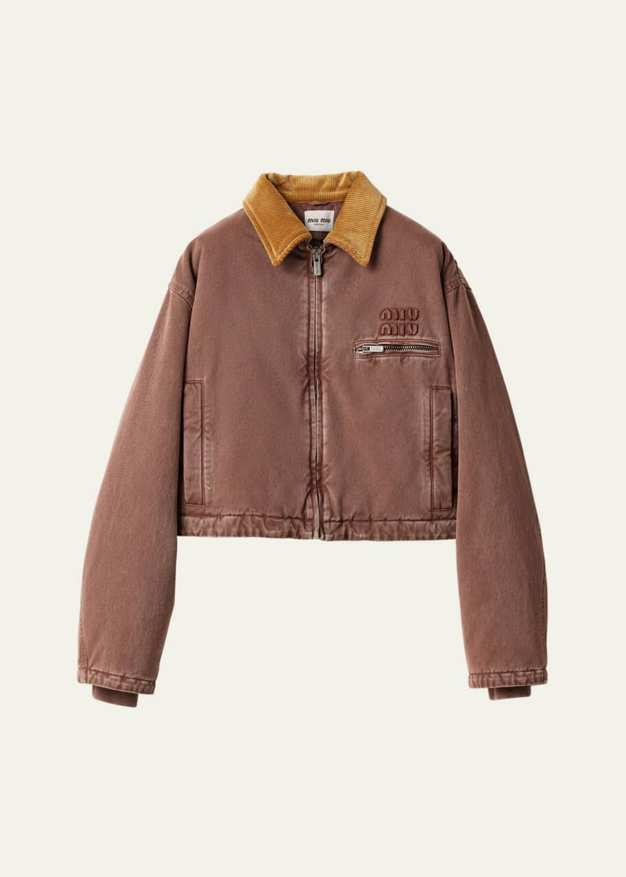 Miu Miu Zip-Up Corduroy Collar Crop Padded Bomber Jacket