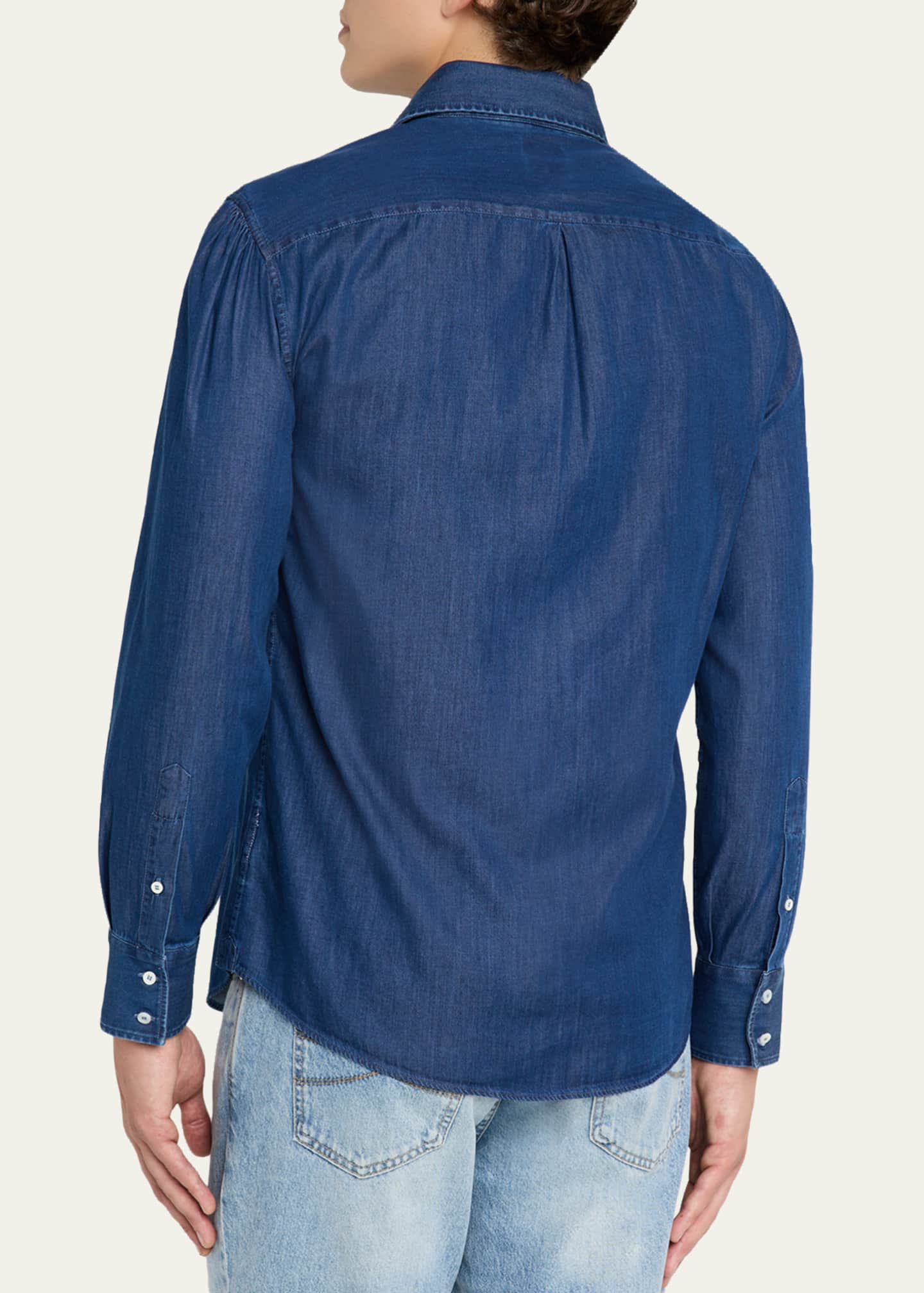Brunello Cucinelli Men's Denim Spread Collar Button-Down Shirt