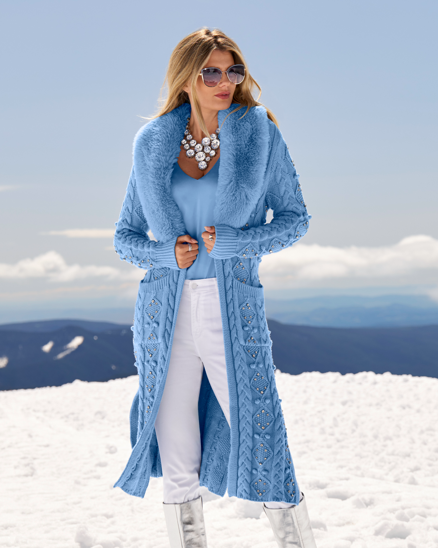 Faux Fur Embellished Cable Duster - Clear Blue Sky | Boston Proper