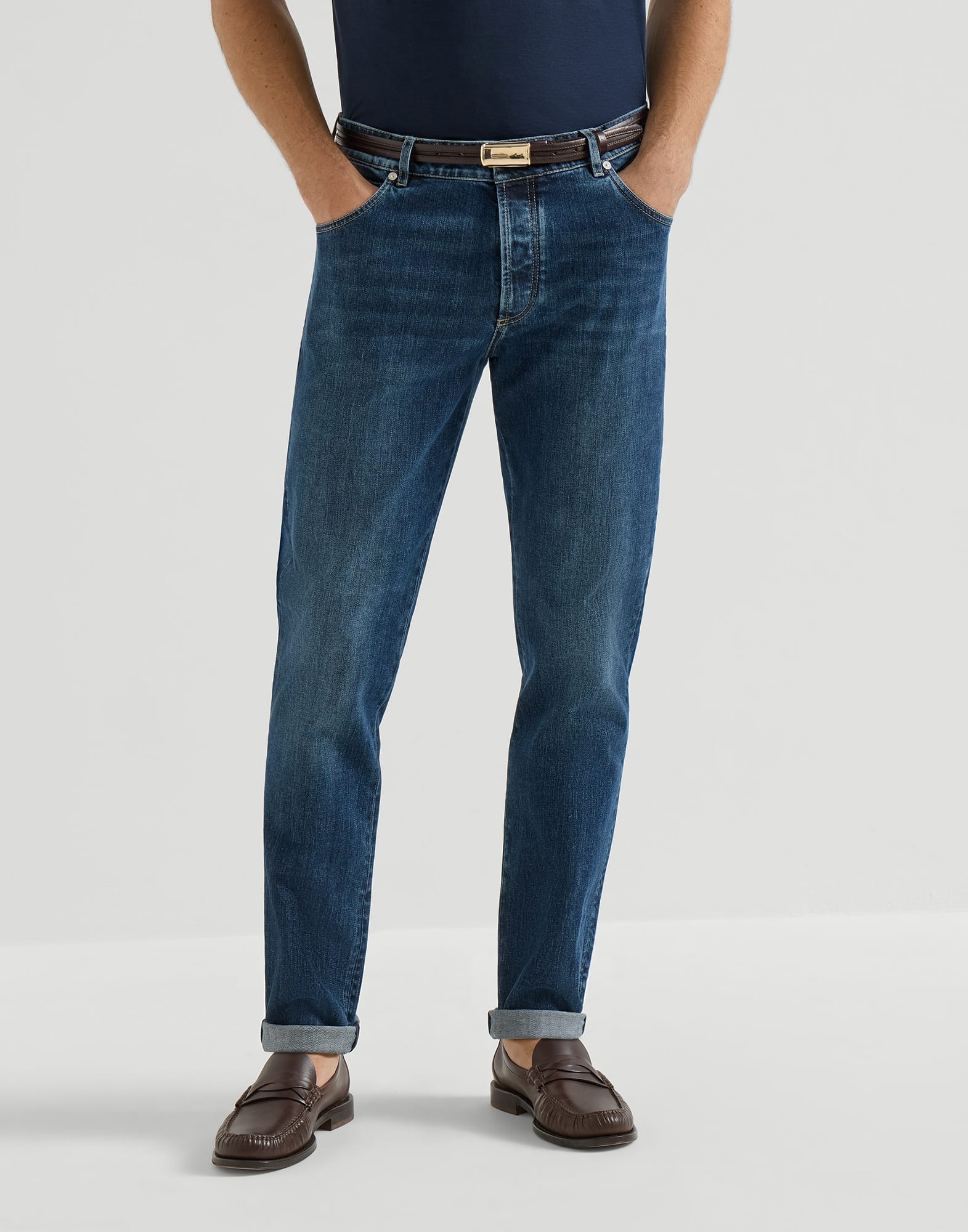 Comfort denim trousers for Man in Dark Denim | Brunello Cucinelli