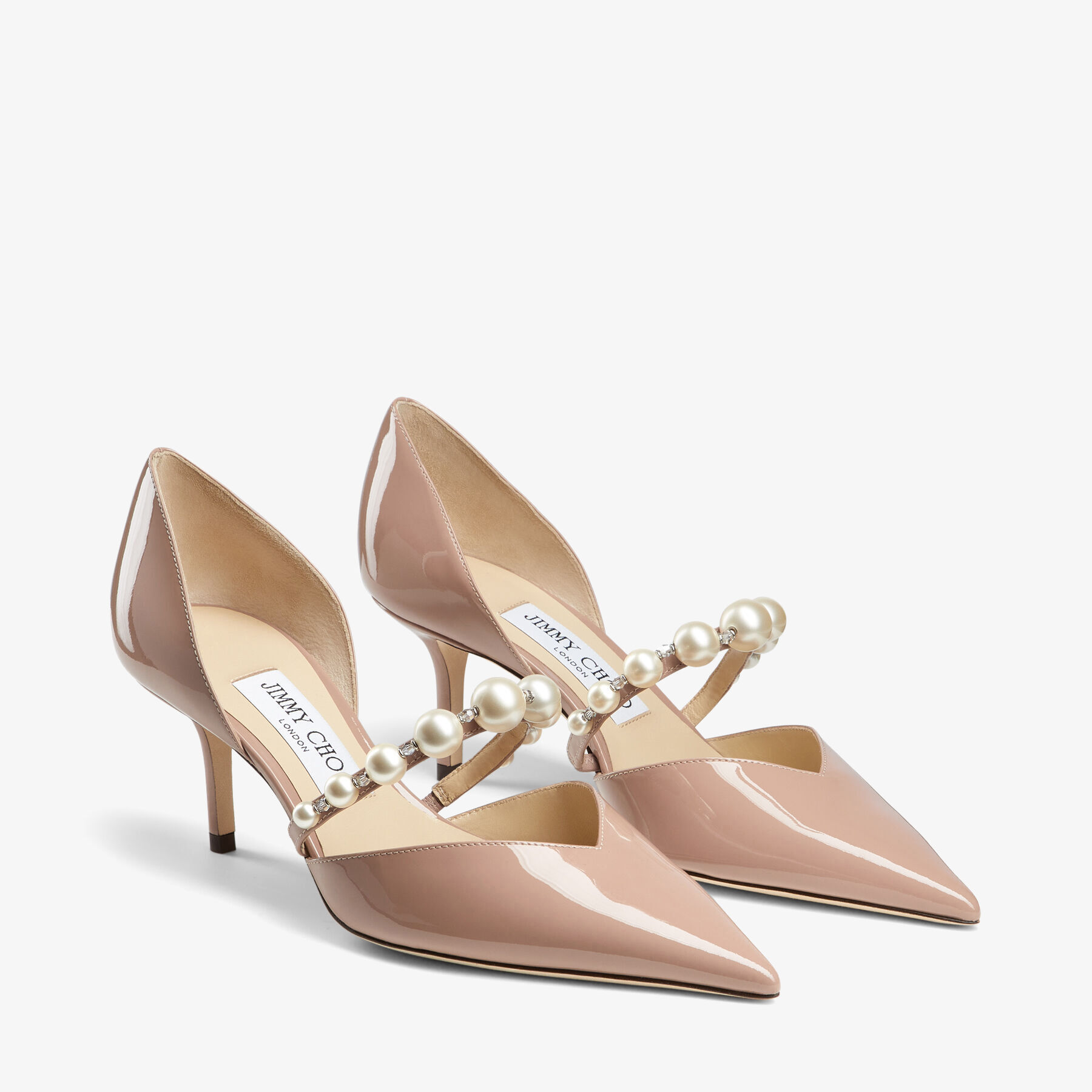 Ballet Pink Patent Leather Pointed Pumps with Pearl Embellishment