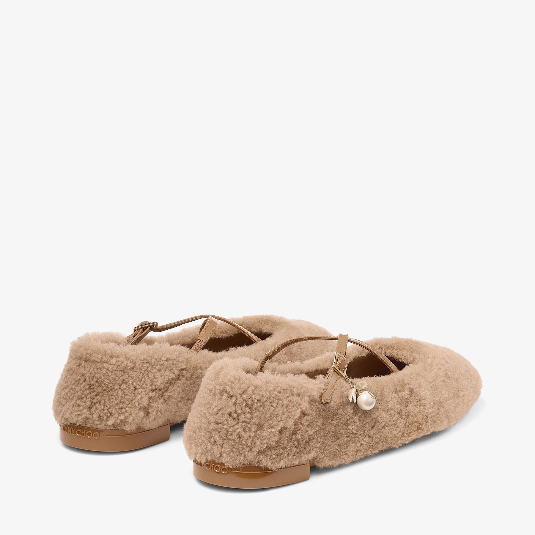 Eleri Ballerina S | Toffee Shearling Ballerina Pumps with Pearl
