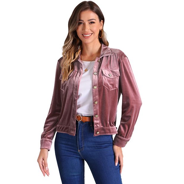 Velvet Jacket for Women's Button Up Long Sleeve Crop Jacket
