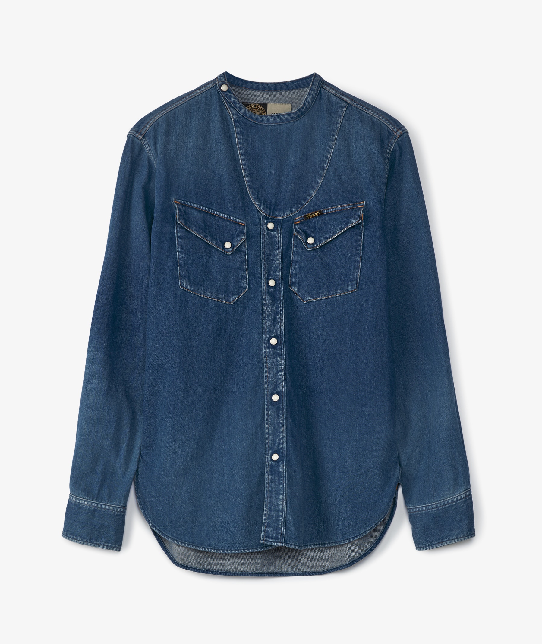 KAPITAL 8oz Denim Roller Collar Baseball Western Shirt in Blue