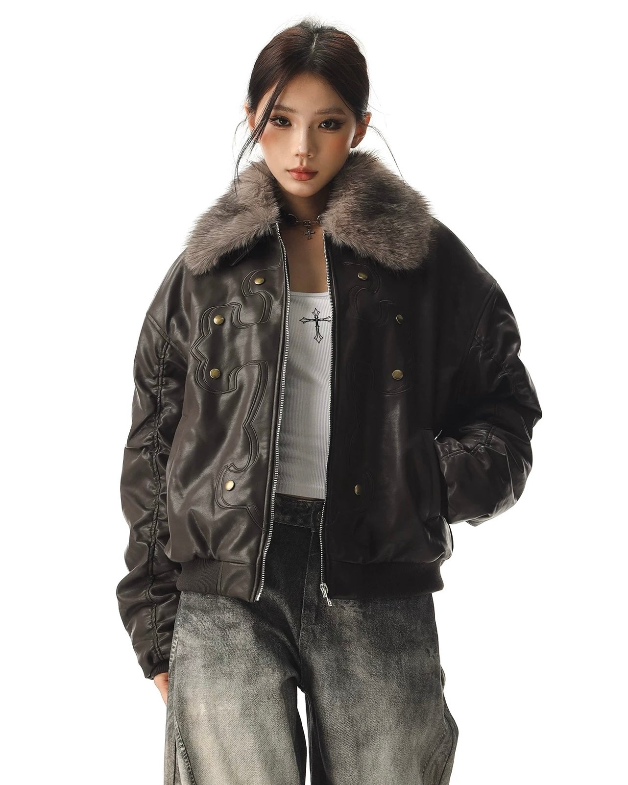 Fur Collar Cross Leather Jacket mry002018