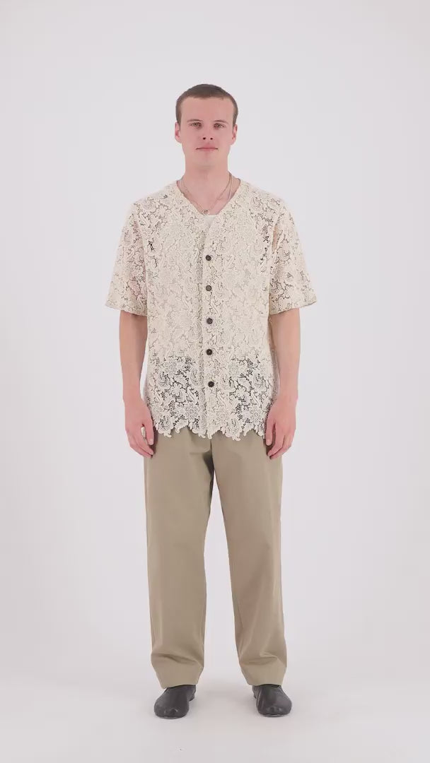 Mike Short Sleeve Organic Cotton Lace Baseball Shirt Natural White