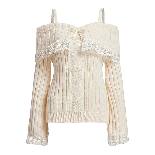 Women Y2K Off Shoulder Top Sweater Long Sleeve Lace Trim Knitted
