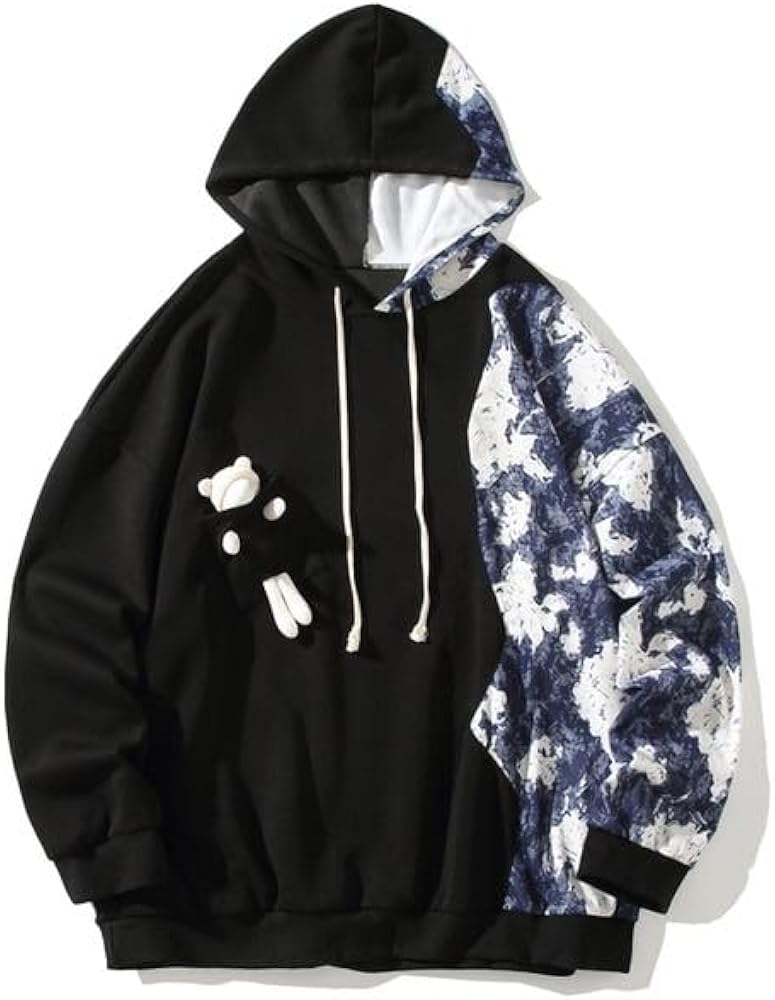 Patchwork Bear Hoodie Men Teen Boy Plus Size Kpop Fashion Pullover