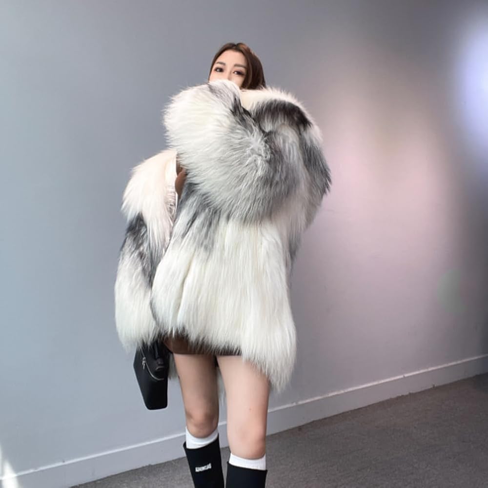 Denny&Dora Women's Winter White Fox Fur Coat - Mid-Length Overcoat