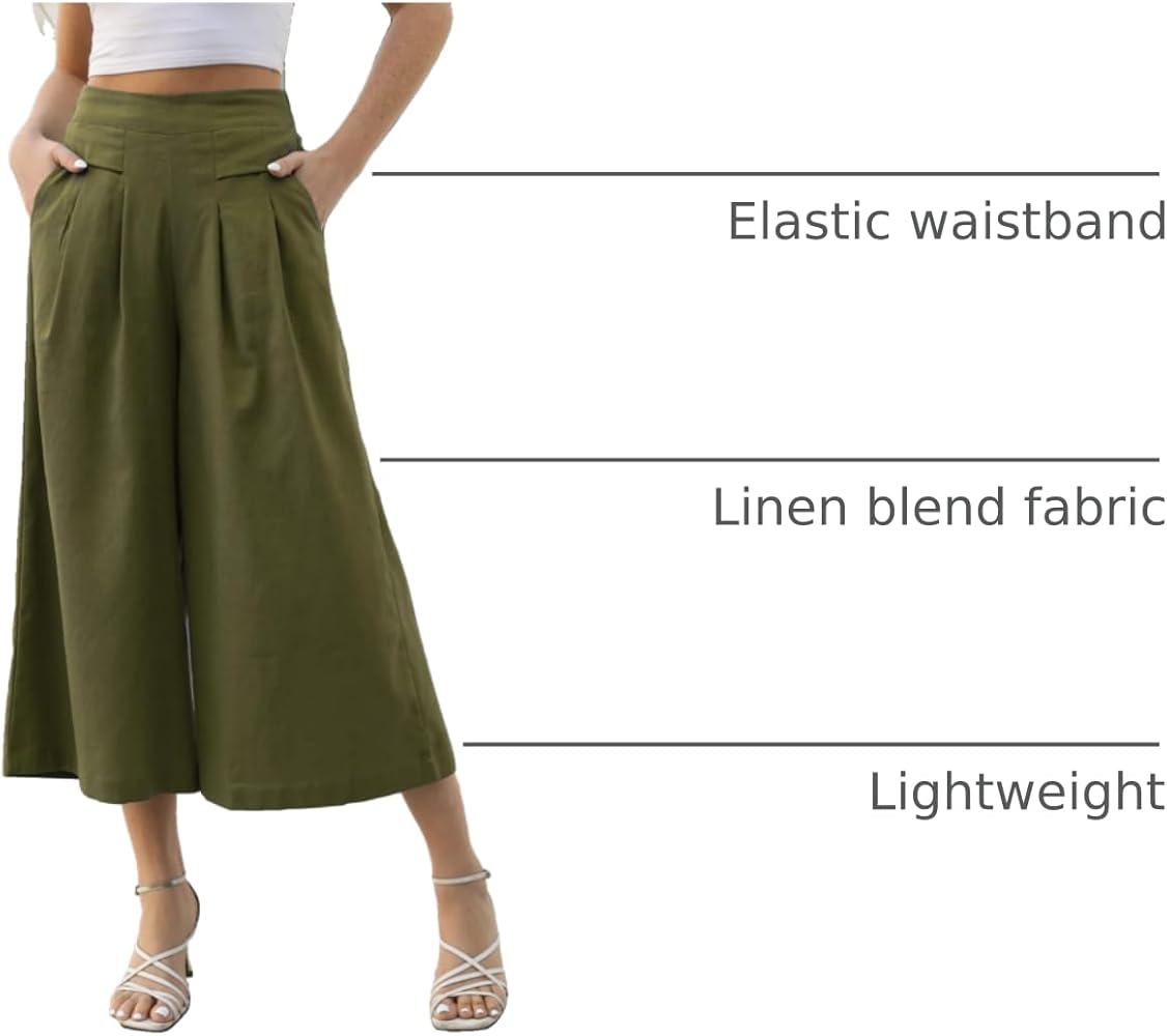 Gihuo Women' s Culottes Linen Blend Wide Leg Pants Elastic Waist