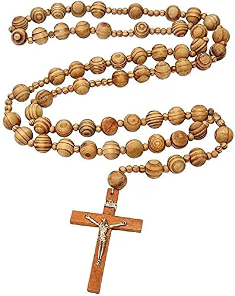 Giant Big Beads Rosario Natural Wood Jesus Metal Cross Xl Large 40