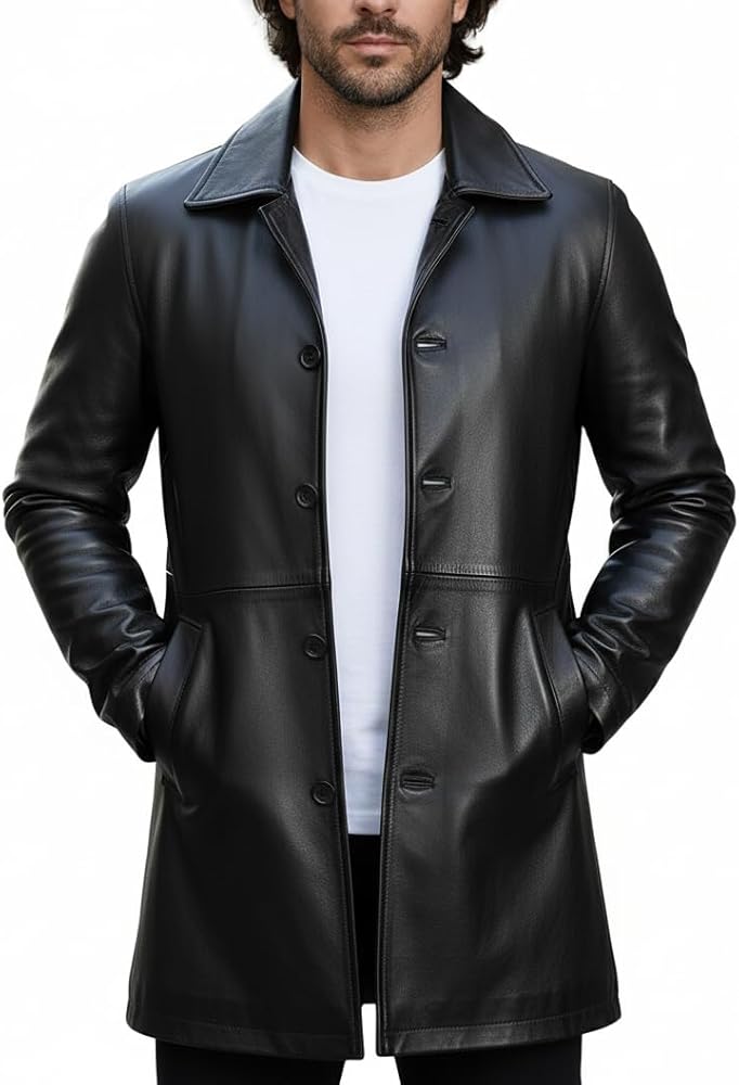 Mens Classic Winter Leather Car Coat 3/4 Length - Button Up Real