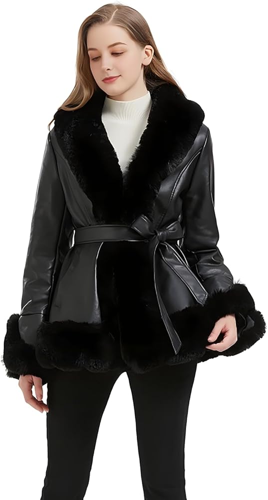 GRAN ORIENTE Faux Leather Jacket for Women with Faux Fur Collar