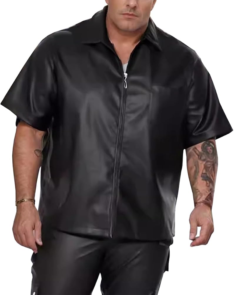Glkaend Black,S, Men's Pu Leather Flap Pocket Lapel Short Sleeve