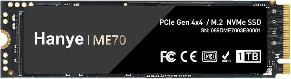Amazon | Hanye SSD 1TB PCIe Gen4x4 M.2 NVMe 2280 DRAM R:7200MB/s W