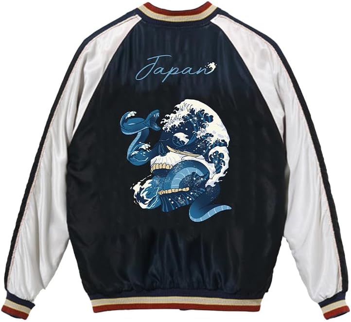 Amazon | [karaku] 横須賀「ドクロ、蛇と波」浮世絵刺繡入りスカジャン