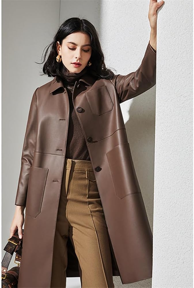 Amazon | [JINLUN] ステンカラーコート レディース 本革 ロング