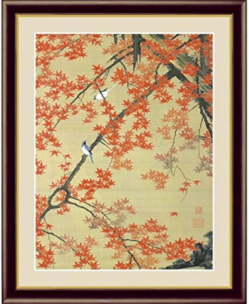Amazon.co.jp: 伊藤若冲『紅葉小禽図』高精彩工芸画+手彩 花鳥画 日本