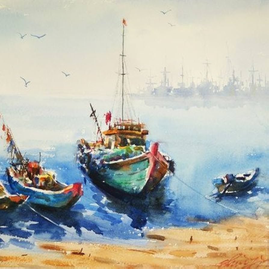 Amazon.co.jp: 絵画 水彩画 魚船 【水彩画 直筆絵画】 : ホーム＆キッチン