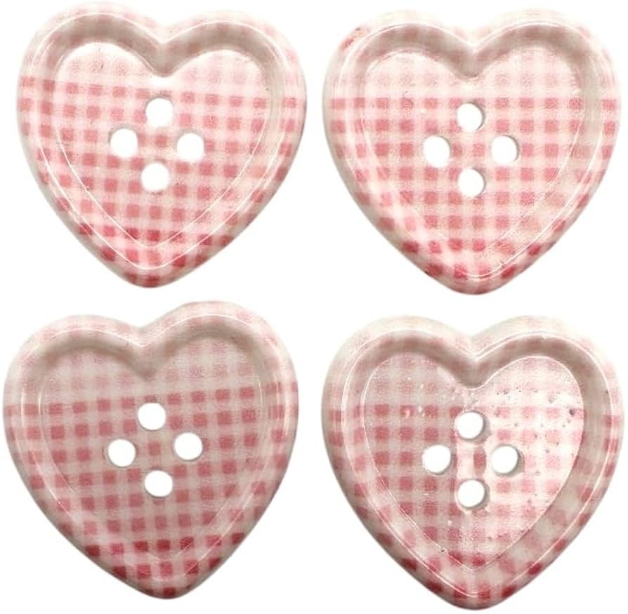 Amazon | ハート型ボタン 4個セット, プラッド&ギンガムチェック柄, 赤
