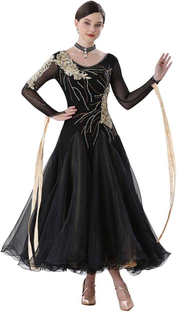 Amazon.co.jp: [RIKOUZY] 社交ダンスドレス フロント付き長袖 黒金色