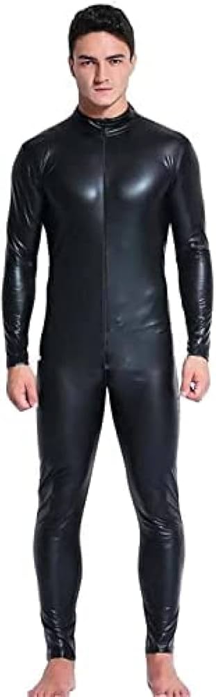 Amazon.co.jp: セクシーな男性のパテント レザー キャット スーツ全身
