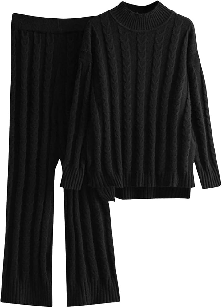 HGps8w Women's 2 Piece Outfits Cable Knit Chunky Sweater Set Long