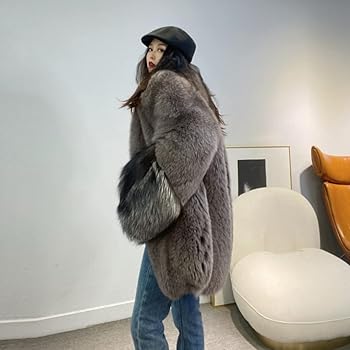 Denny&Dora Women's Fox Fur Coat Imported Silver Fox Fur Cuffs Mid
