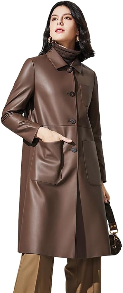 Amazon | [JINLUN] ステンカラーコート レディース 本革 ロング