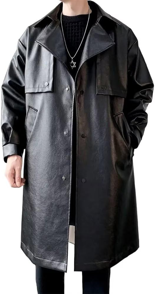 Amazon | [HUALIANYI] レザーロングトレンチコート メンズ レザー