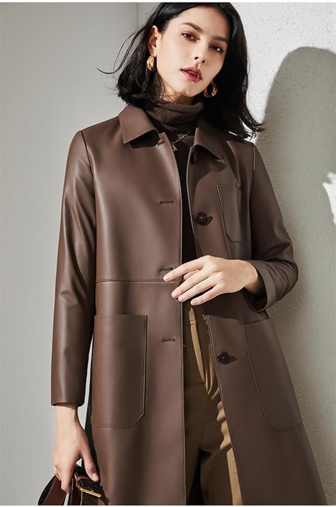 Amazon | [JINLUN] ステンカラーコート レディース 本革 ロング