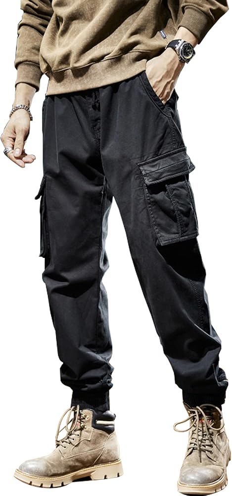 FROPEDGE Fleece-Lined Thick Cargo Pants For Men Black Baggy Hip