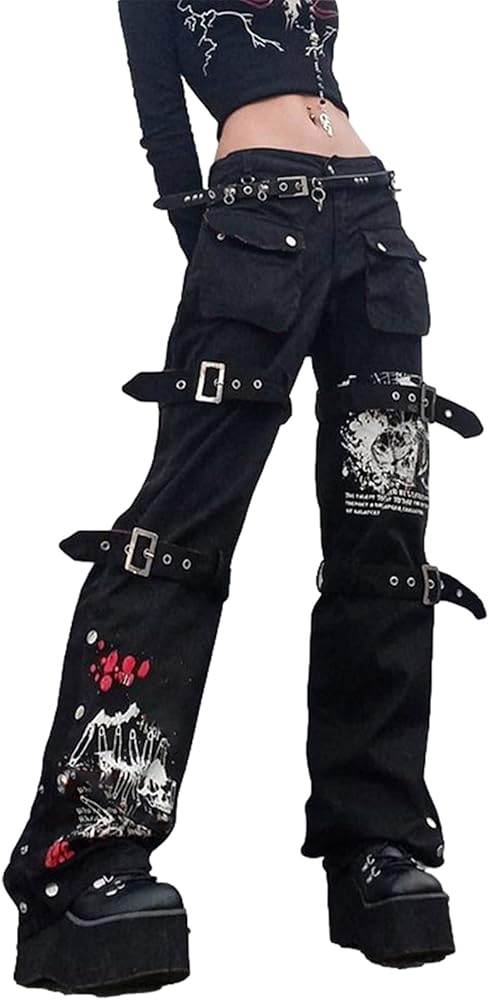 Acehomeyfit Women Gothic Punk Cargo Pants High Waist Flare Pants