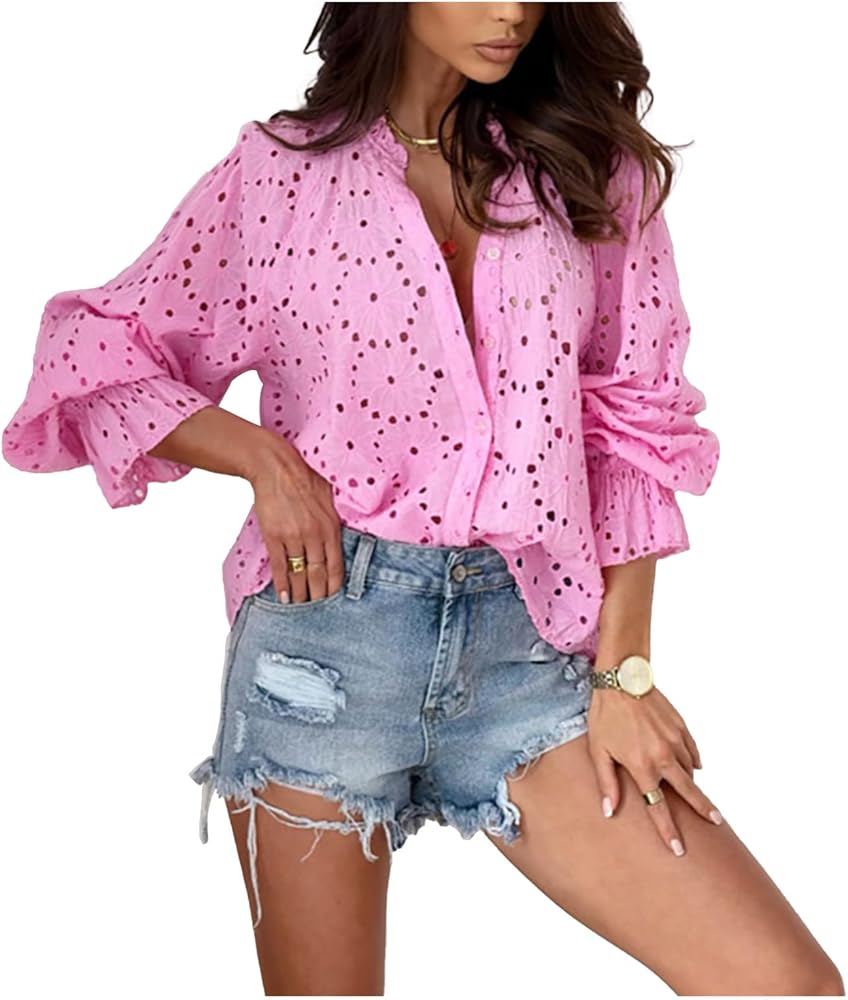 Lantern Sleeve Blouse Crochet Eyelet Tops for Women Hollow Out